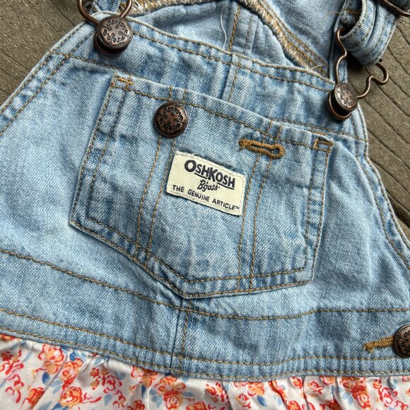 Vtg OshKosh B’gosh Baby Dress • 12M • Denim Overall Top w/ Tiered Floral Eyelet - Picture 3 of 6